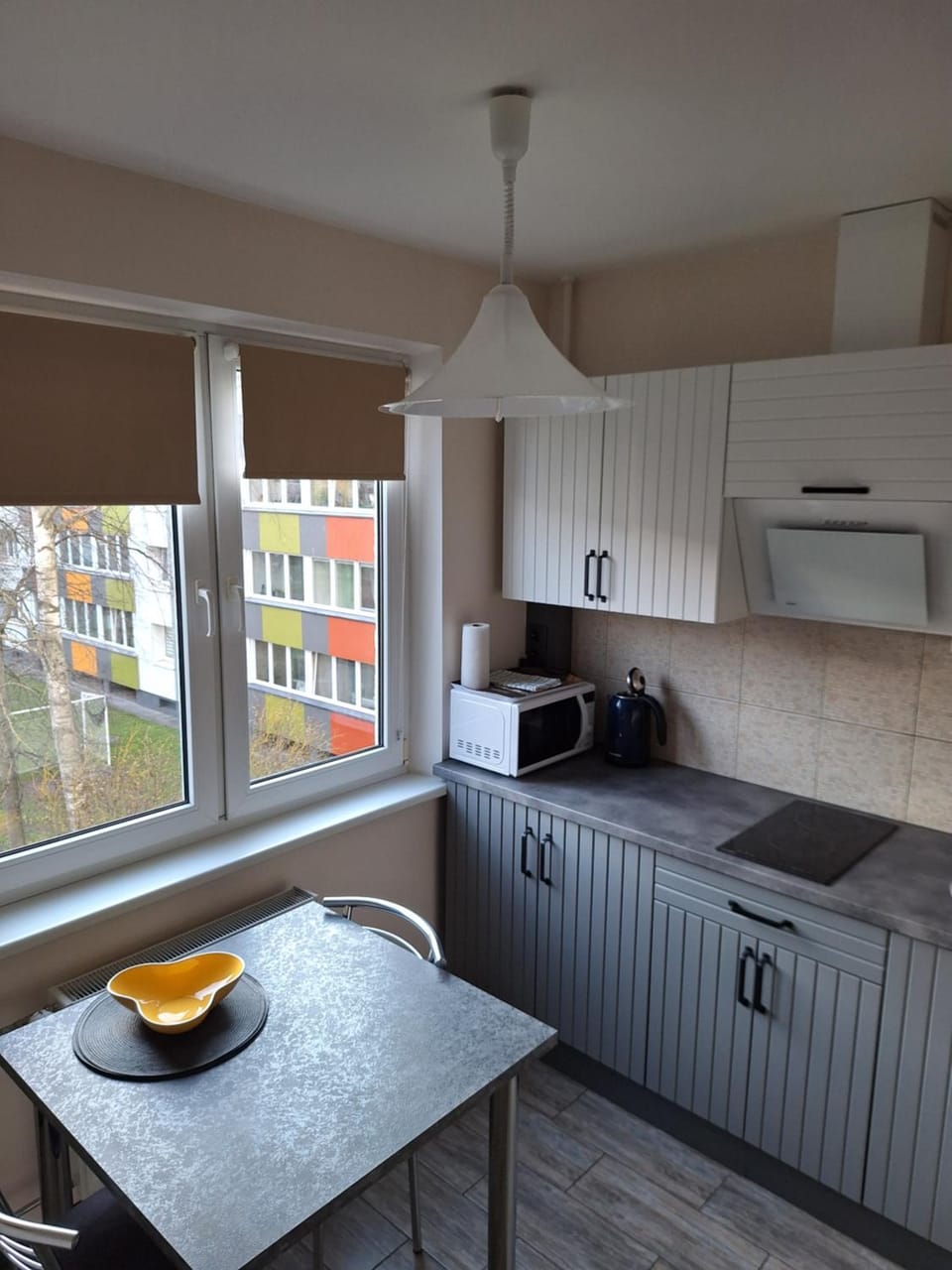 Kitchen or kitchenette, microwave, stove