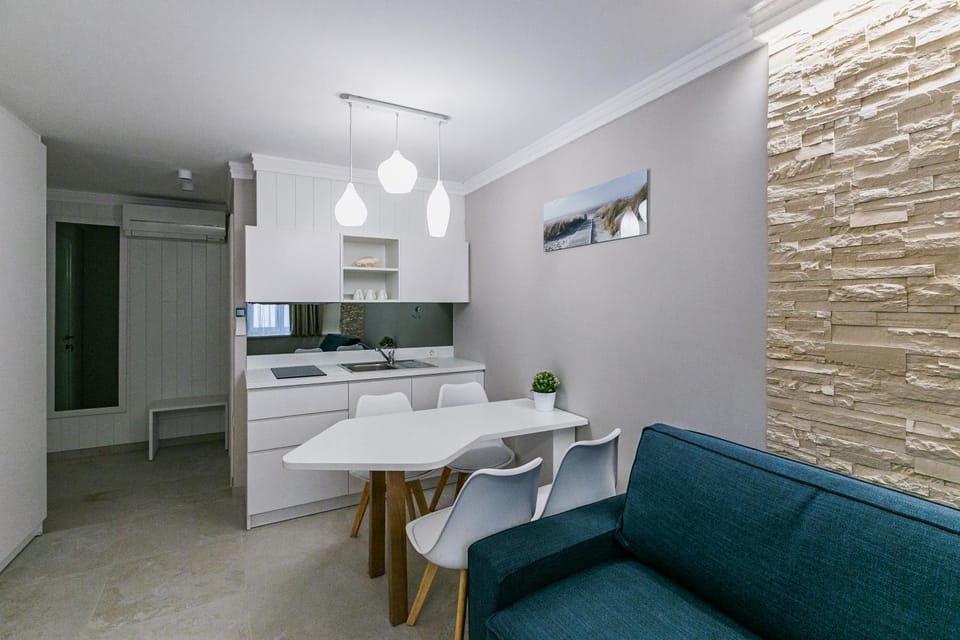 Kitchen or kitchenette, Living room, Seating area, Dining area