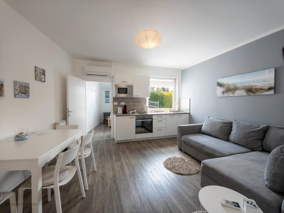 Kitchen or kitchenette, Living room, Seating area, Dining area