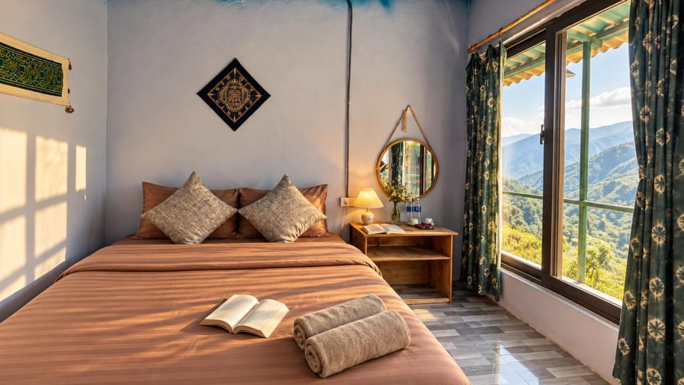 Bed, Natural landscape, Bedroom, Mountain view