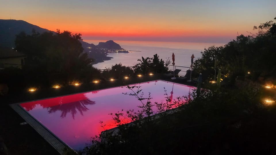 Natural landscape, Mountain view, Pool view, Sea view, Swimming pool, Sunset