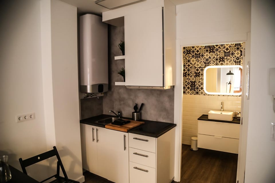 Kitchen or kitchenette, stove