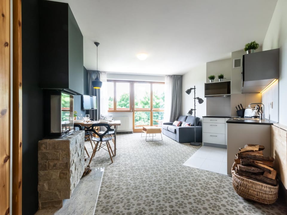 Kitchen or kitchenette, Living room, Seating area, Dining area