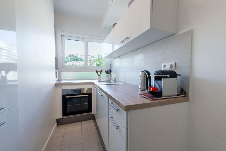 Kitchen or kitchenette, stove