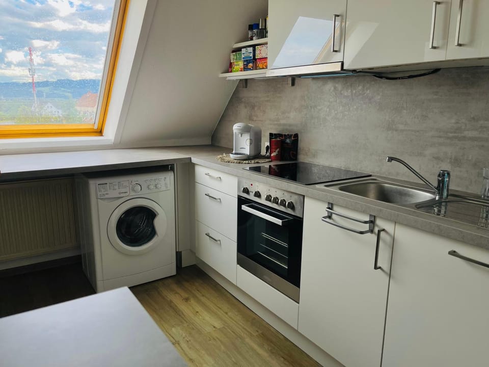 Kitchen or kitchenette, dishwasher, stove, washing machine
