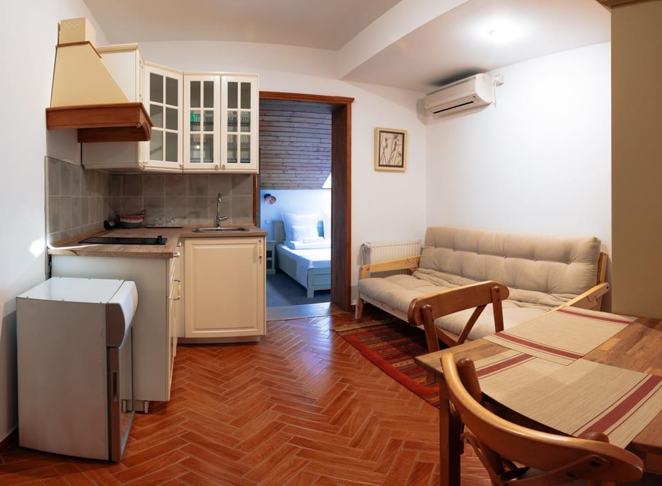 Kitchen or kitchenette, Dining area, minibar, stove, air conditioner