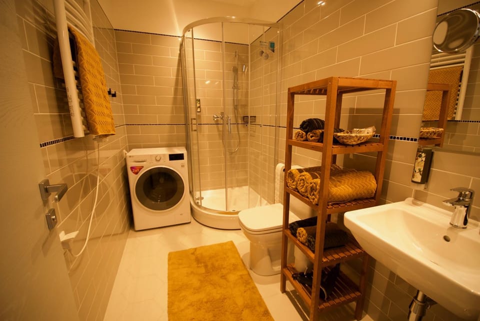 Shower, Toilet, Bathroom, towels, washing machine, dryer