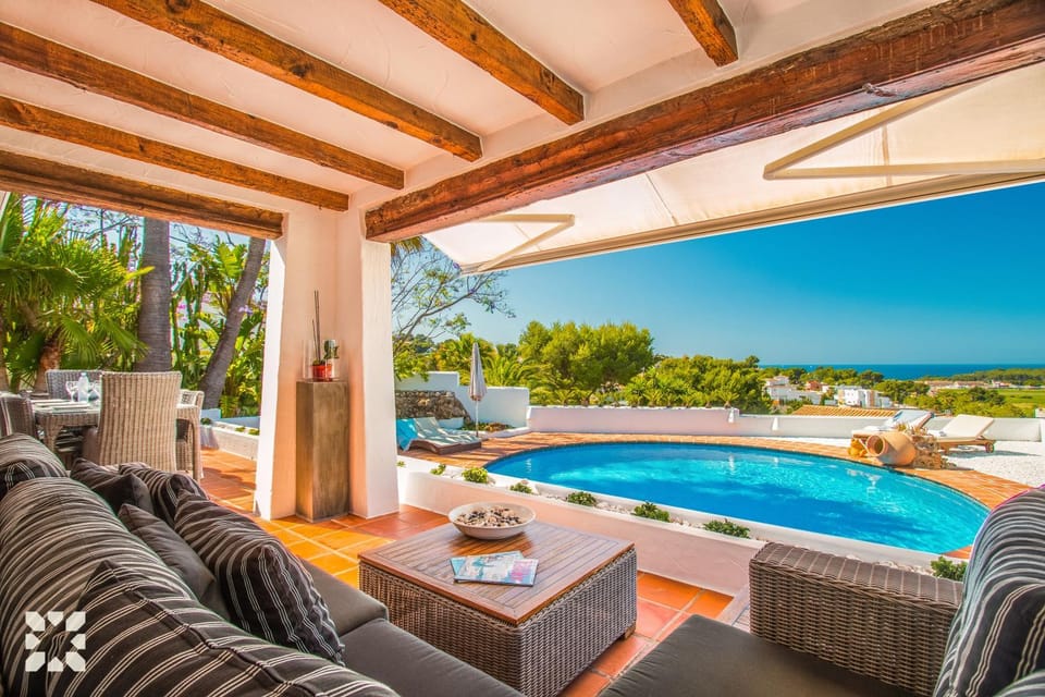Patio, Day, Natural landscape, View (from property/room), Balcony/Terrace, Living room, Seating area, Pool view, Sea view, Swimming pool, sunbed