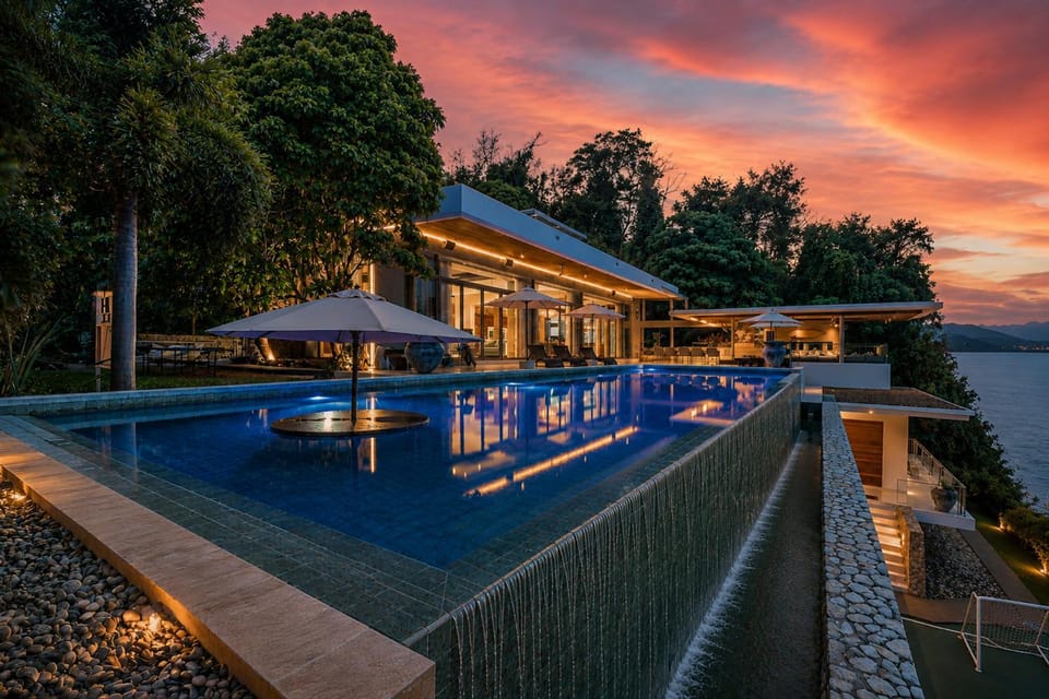Patio, Natural landscape, Lounge or bar, Sea view, Swimming pool, Sunset
