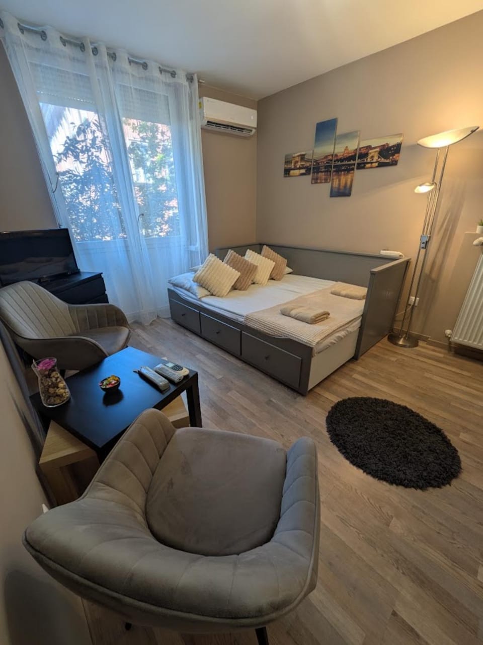 Bed, TV and multimedia, Living room, Photo of the whole room, Seating area, Bedroom, air conditioner