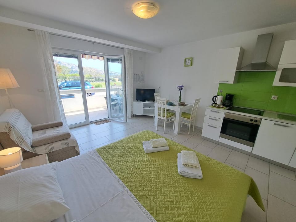 Bed, Kitchen or kitchenette, Living room, Photo of the whole room, Seating area