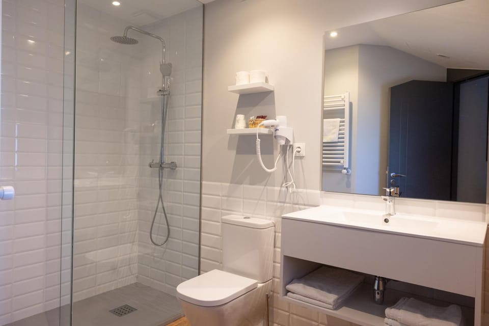 Shower, Toilet, Bathroom, hair dryier, towels