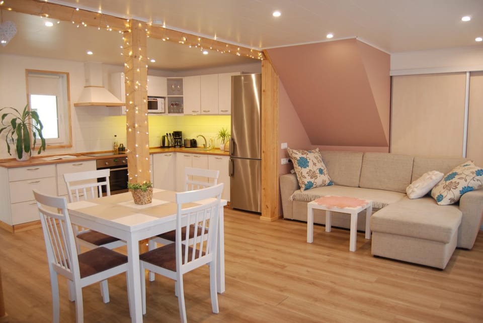 Kitchen or kitchenette, Living room, Seating area, Dining area