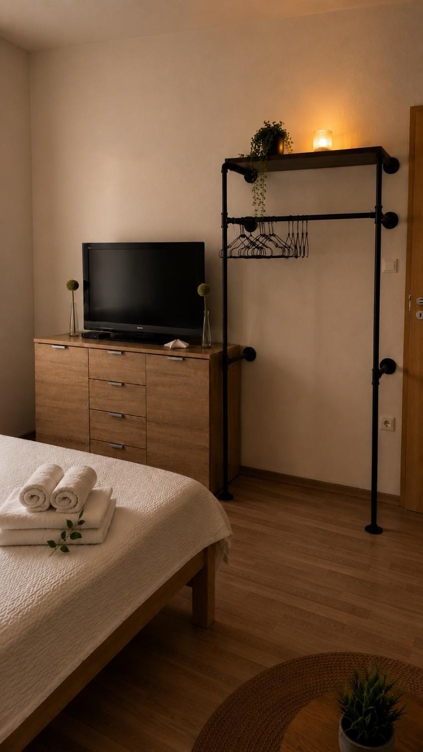 Bed, TV and multimedia, Photo of the whole room, Bedroom, towels