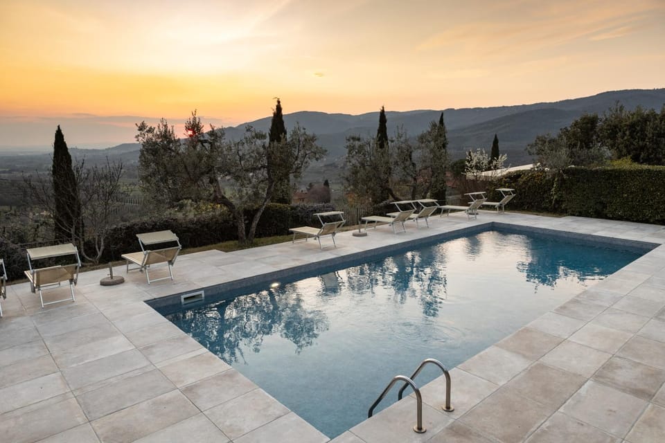 Pool view, Swimming pool, Sunset, sunbed