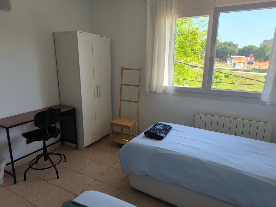 Bed, wardrobe