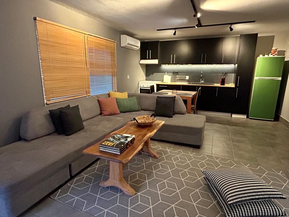 Kitchen or kitchenette, Living room, Seating area, Dining area