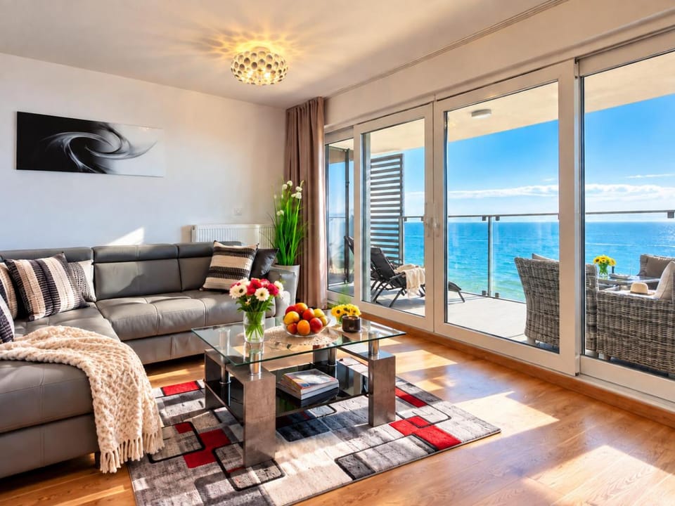 View (from property/room), Balcony/Terrace, Living room, Seating area, Sea view