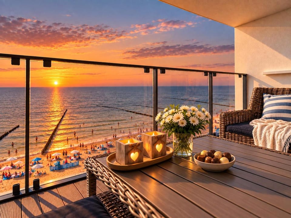 View (from property/room), Balcony/Terrace, Seating area, Beach, Evening entertainment, Sea view, Sunset
