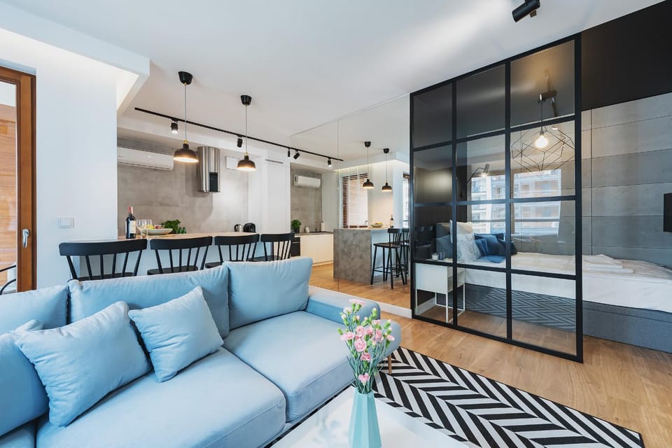Bed, TV and multimedia, Kitchen or kitchenette, Living room, Seating area, Dining area, Bedroom, air conditioner, air conditioner