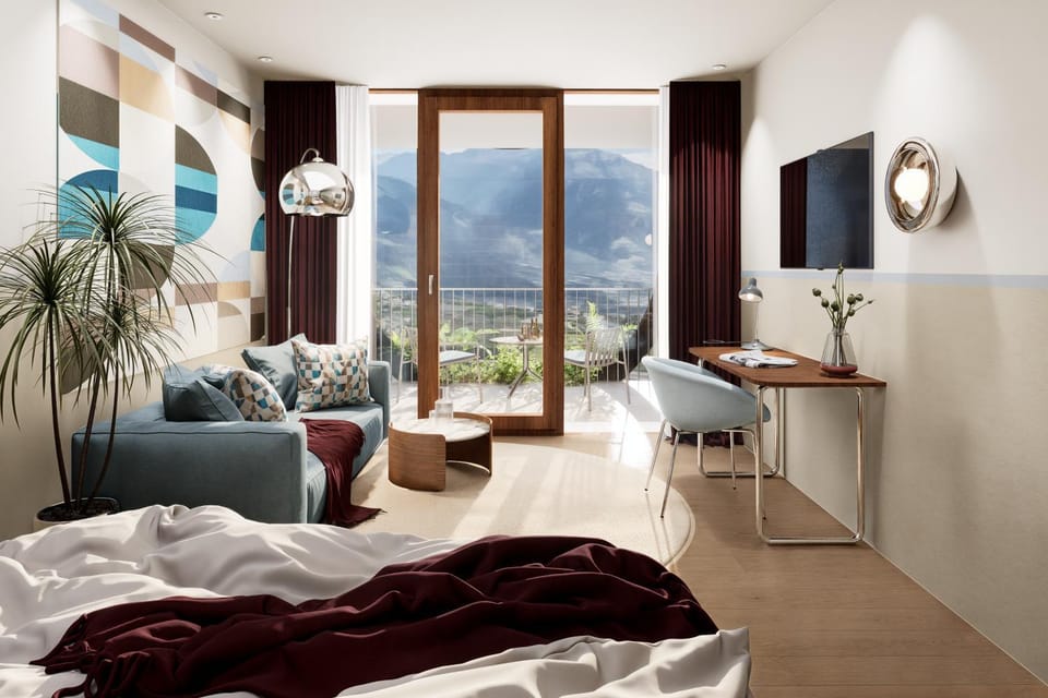 Bed, Natural landscape, TV and multimedia, Photo of the whole room, Seating area, Bedroom, Mountain view