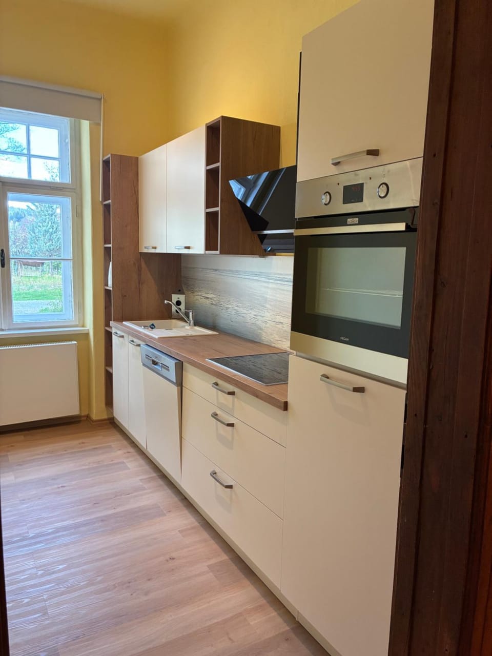 Kitchen or kitchenette, Garden view, dishwasher, stove