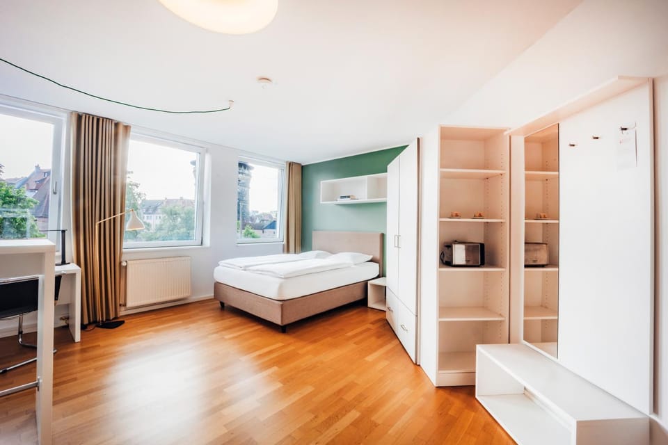 Bed, wardrobe