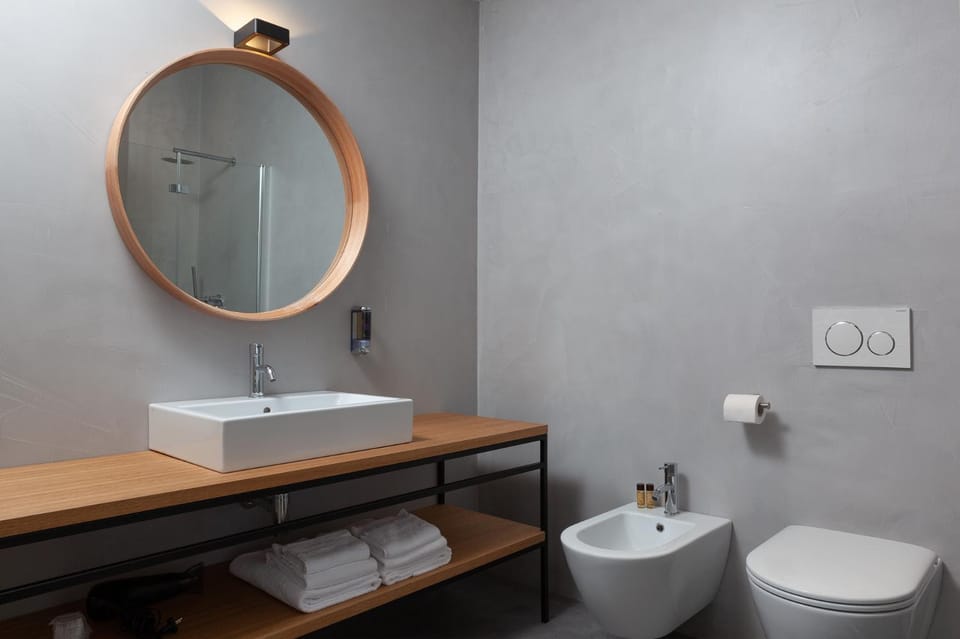 Bathroom, bidet, hair dryier, towels