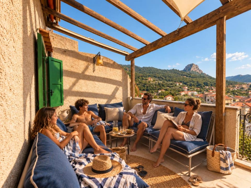 Patio, Day, People, Natural landscape, Balcony/Terrace, Living room, Dining area, Mountain view, group of guests