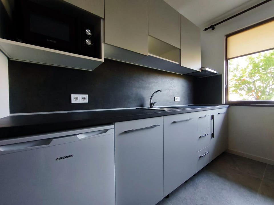 Coffee/tea facilities, Kitchen or kitchenette, Dining area, Garden view, internet, microwave, minibar, stove, kitchen