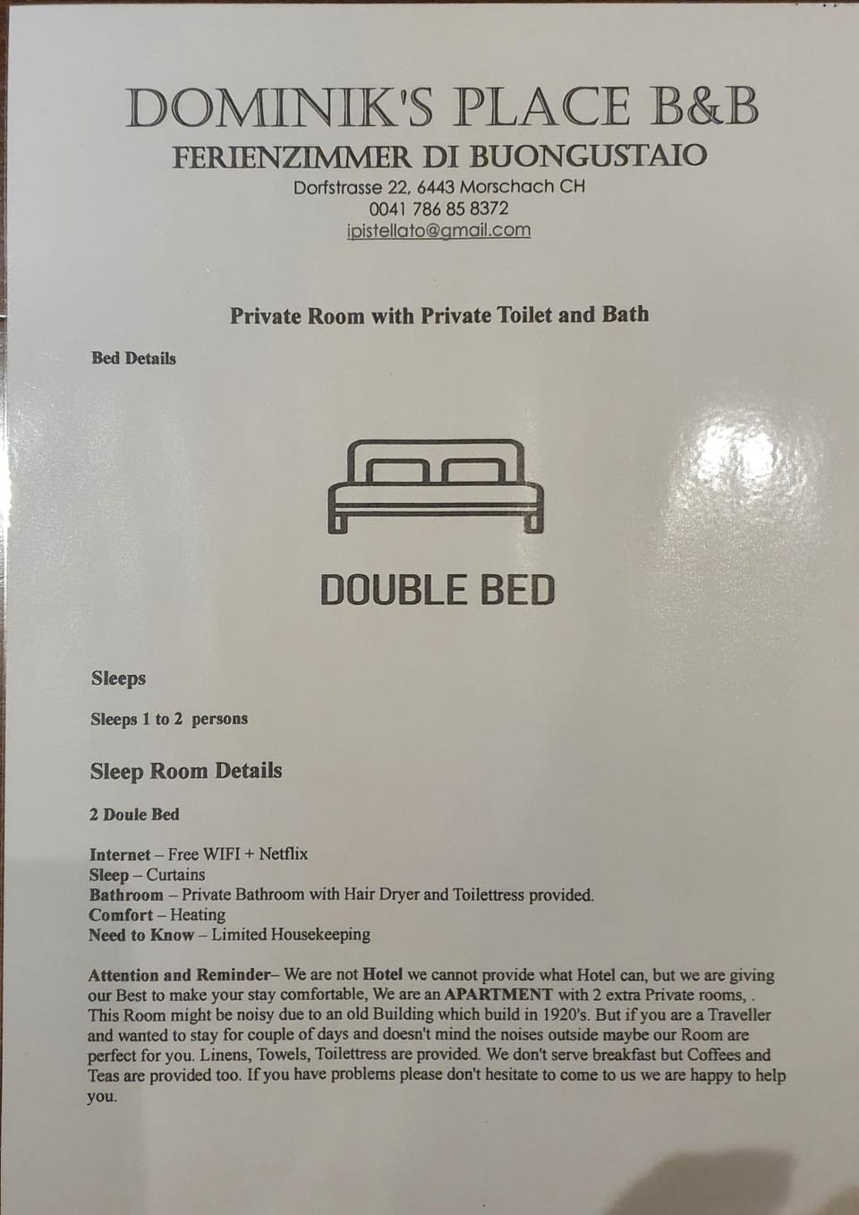 Buongustaio1 Zimmer mit ensuite T&B Apartment in Switzerland