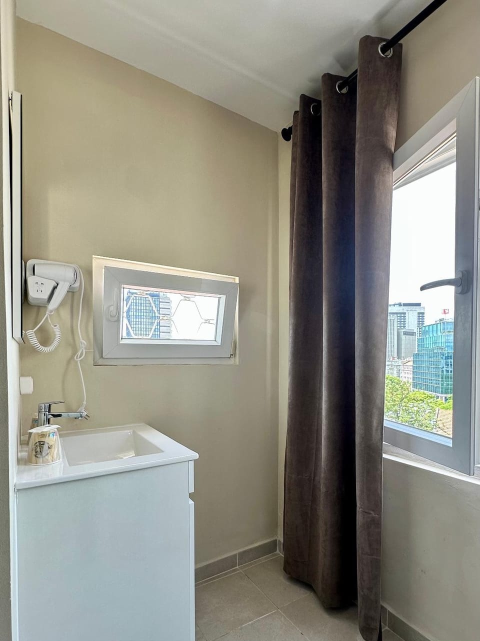 Bathroom, City view, hair dryier