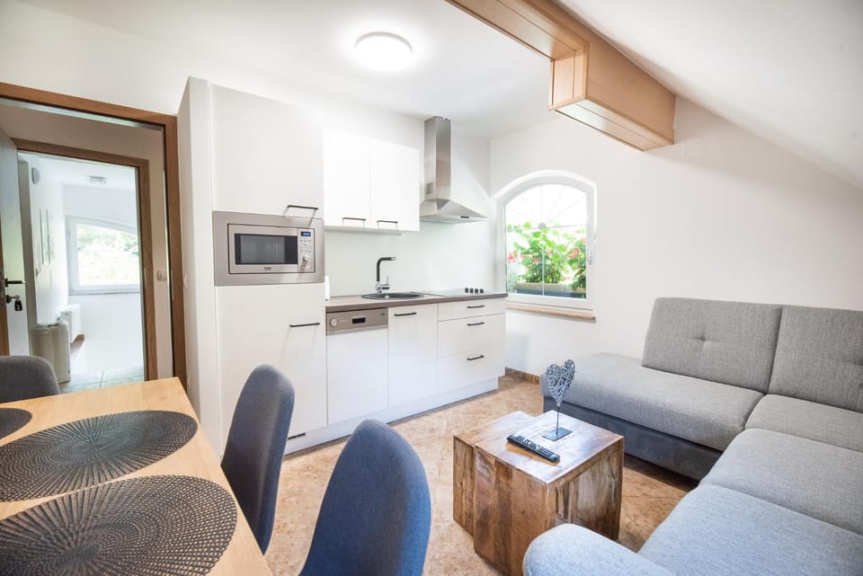 Kitchen or kitchenette, Living room, Seating area, Dining area