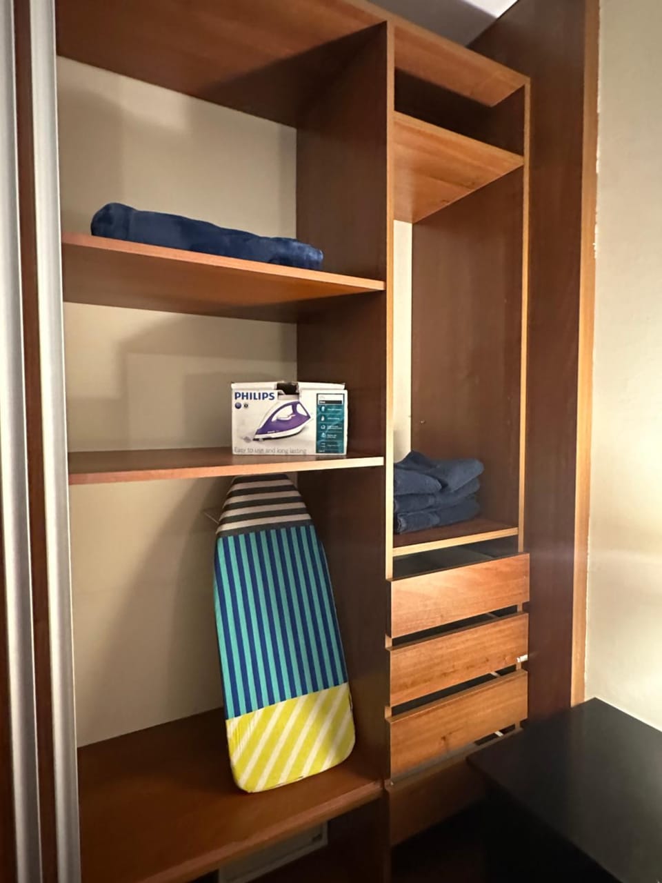 Photo of the whole room, Bedroom, bunk bed, flat iron, furniture, towels, wardrobe
