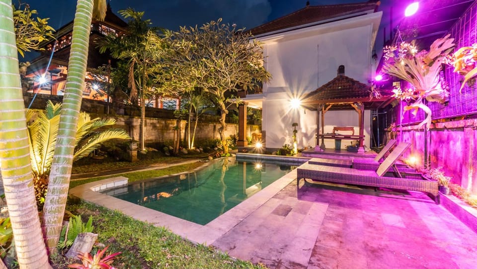 Property building, Night, Garden, Garden view, Swimming pool, sunbed