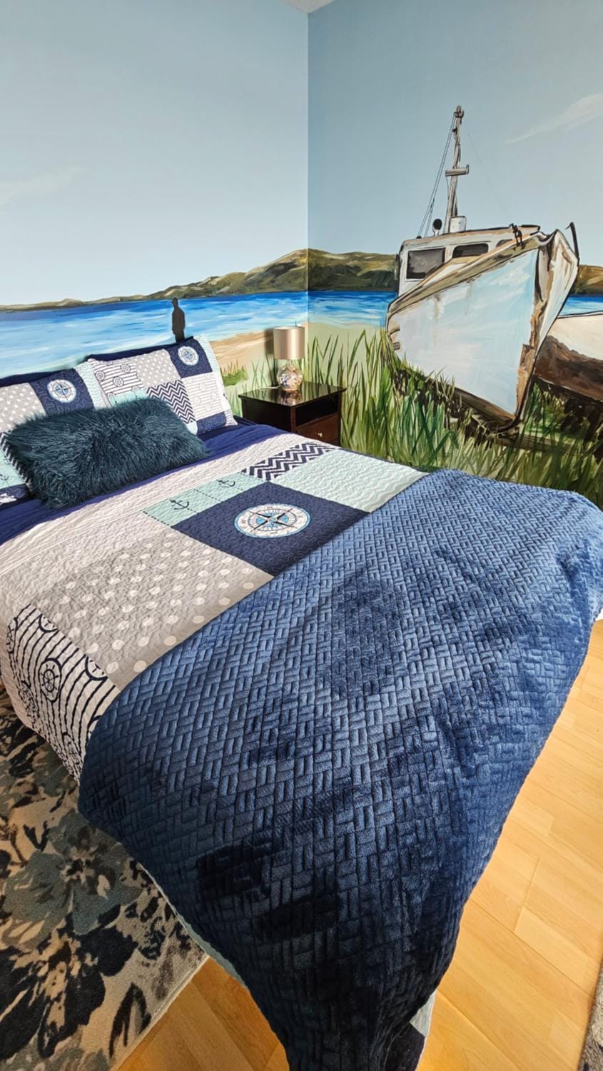 Bed, Decorative detail, Bedroom, River view, air conditioner