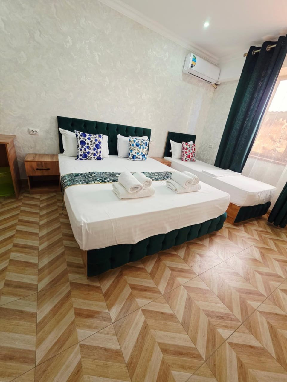 Bed, Photo of the whole room, Bedroom, towels, air conditioner