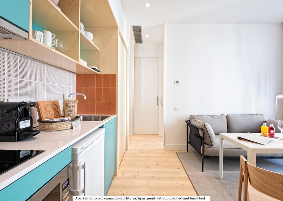 Kitchen or kitchenette, Living room, Dining area, stove