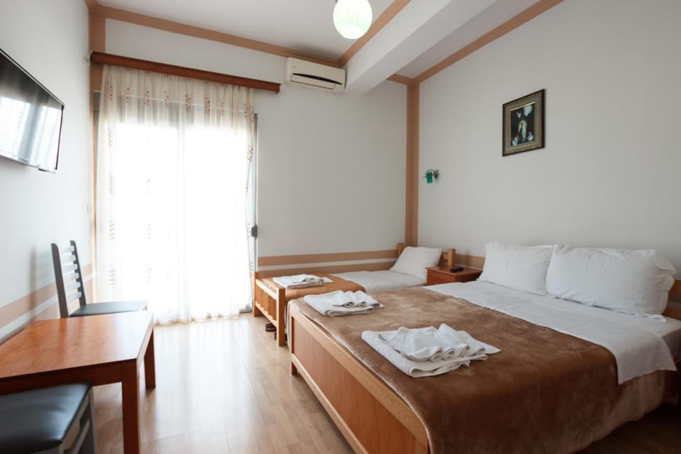 Bed, Photo of the whole room, Bedroom, towels, air conditioner
