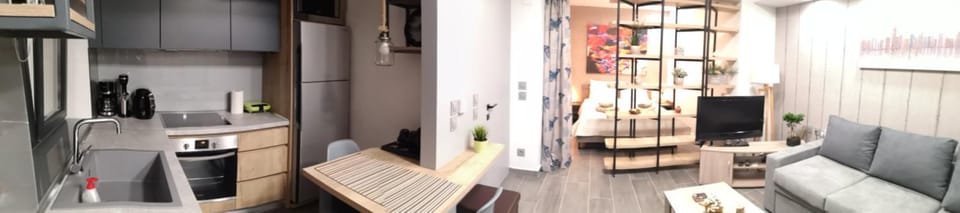 Kitchen or kitchenette, Living room, Seating area, Bedroom