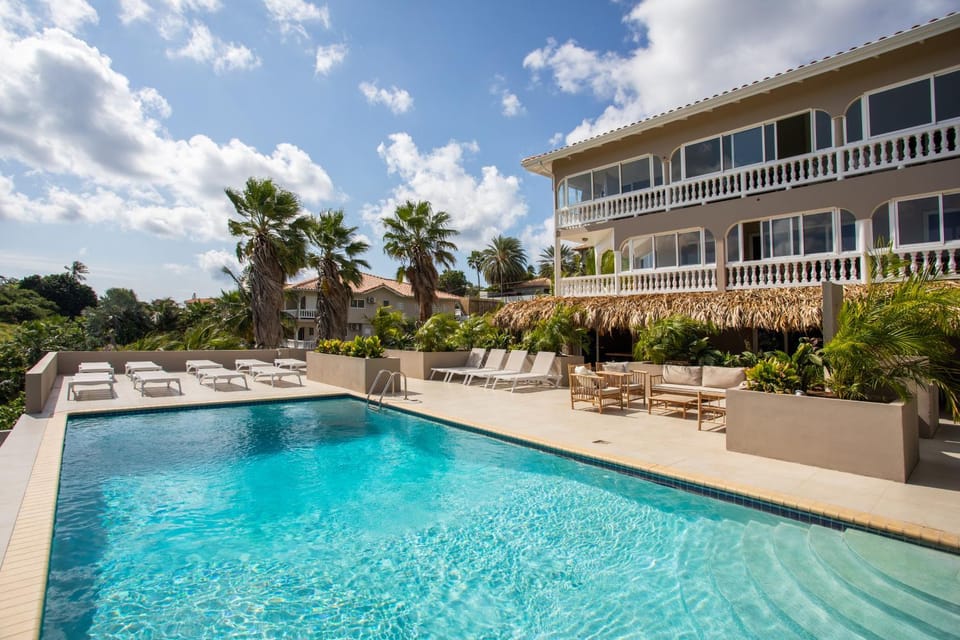 Property building, Garden, Pool view, Swimming pool, sunbed