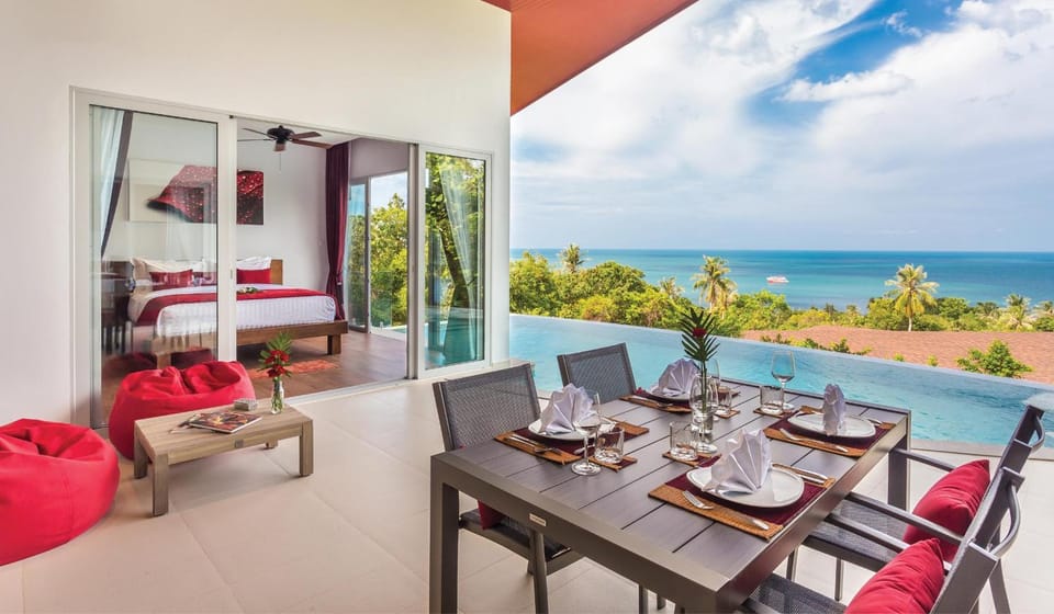 Patio, Day, View (from property/room), Balcony/Terrace, Seating area, Dining area, Bedroom, Pool view, Sea view, Swimming pool, Swimming pool