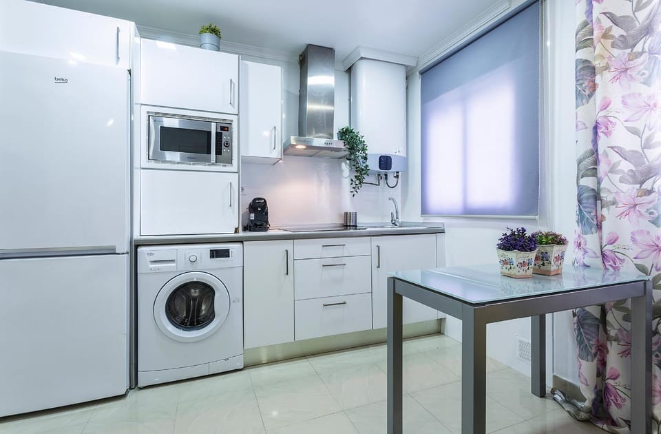 Kitchen or kitchenette, stove, washing machine