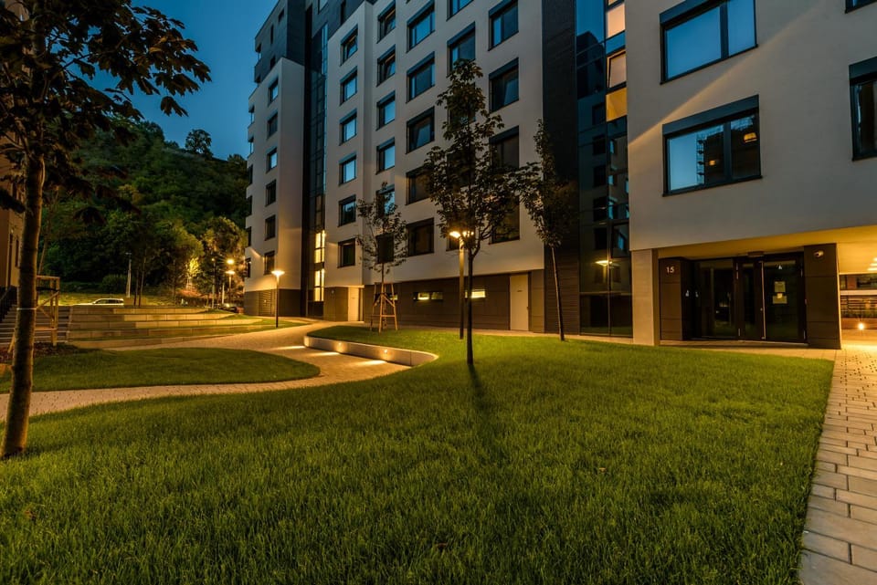 Property building, Facade/entrance, Spring, Neighbourhood, Garden, View (from property/room), Seasons, Time of day, Sunset