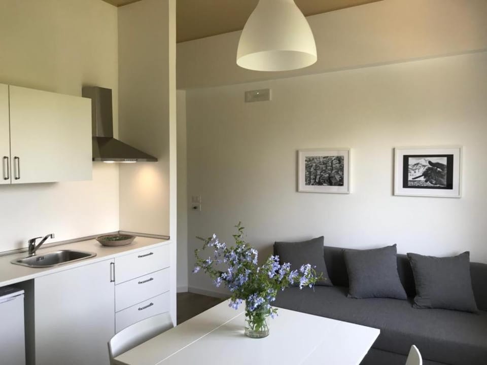 Kitchen or kitchenette, Living room, Seating area, Dining area
