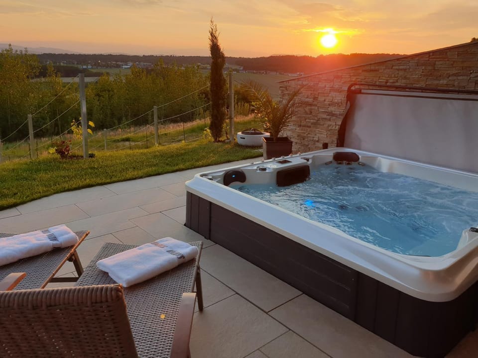 Hot Tub, Sunset, sunbed, towels