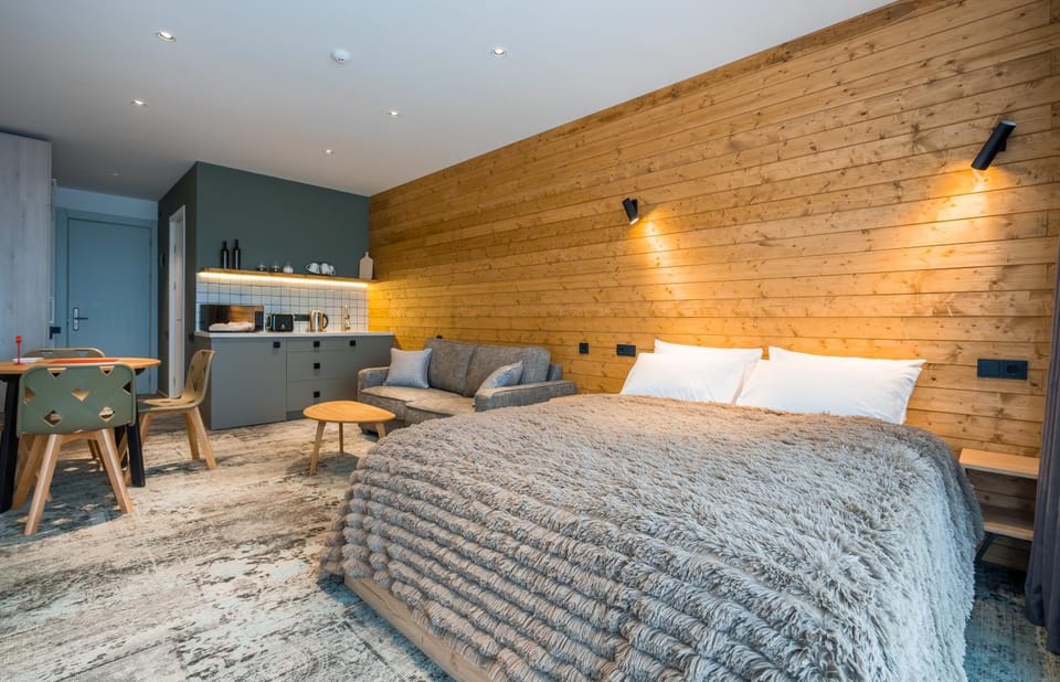 Bed, Kitchen or kitchenette, Living room, Photo of the whole room, Seating area, Bedroom