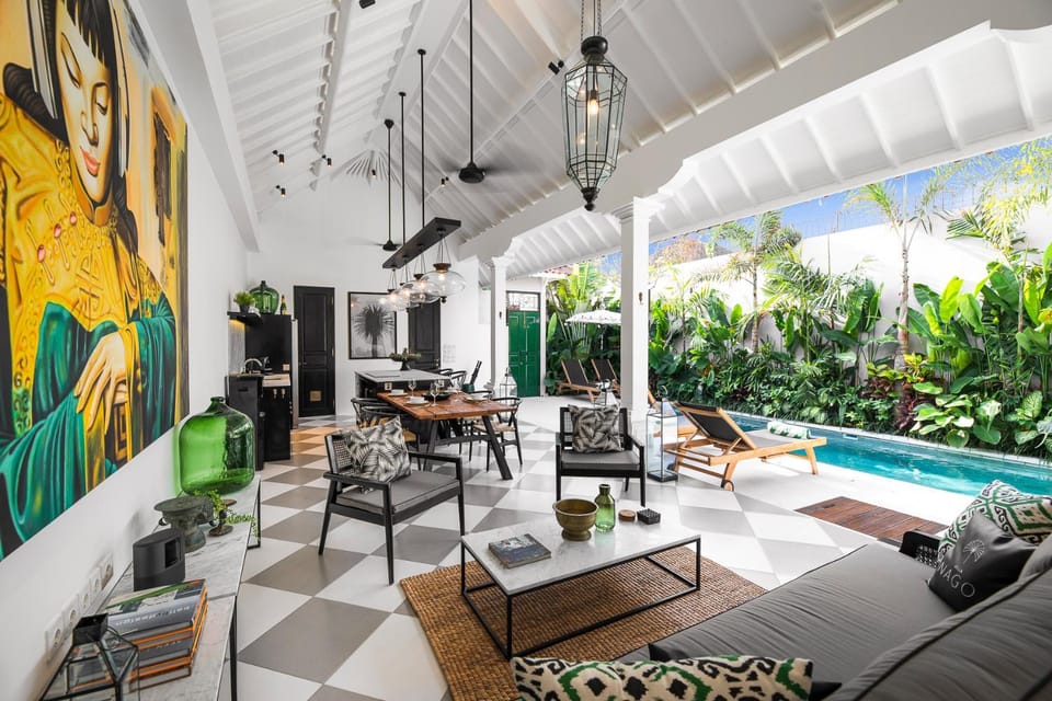 Living room, Seating area, Garden view, Pool view