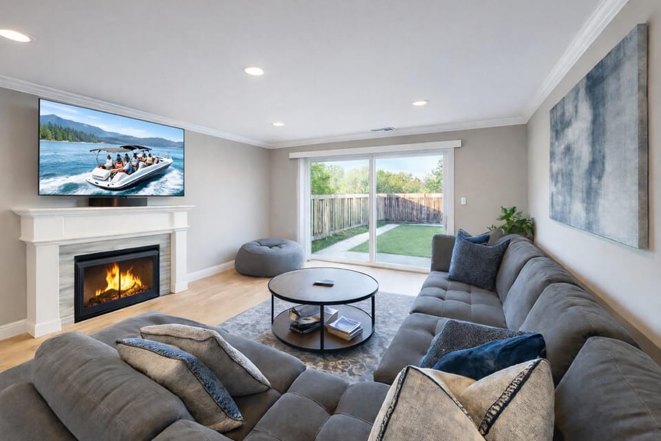 TV and multimedia, Living room, Decorative detail, Seating area, Evening entertainment, Garden view, fireplace