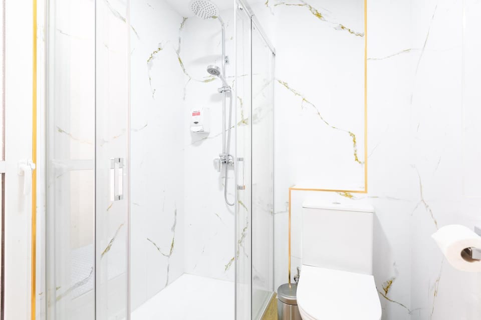 Shower, Toilet, Bathroom, hair dryier, towels